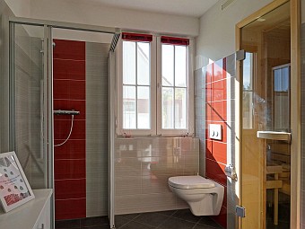 Bad mit Dusche, WC und Sauna im Erdgeschoss